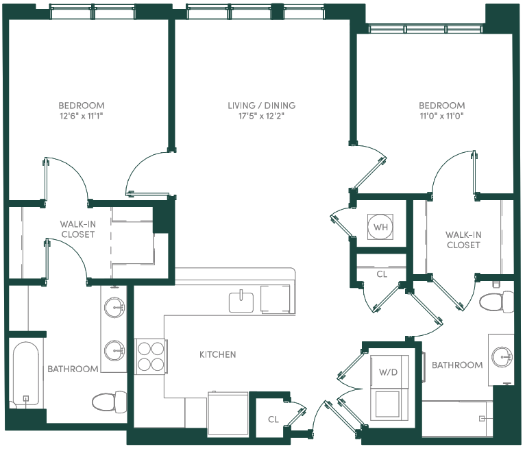 Floor plan for 2 beds, 2 baths, 1067 sqft